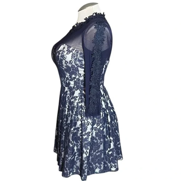 Chi Chi London Navy Lace Illusion Neck Long Sleeve Pleated Fit Flare Dress